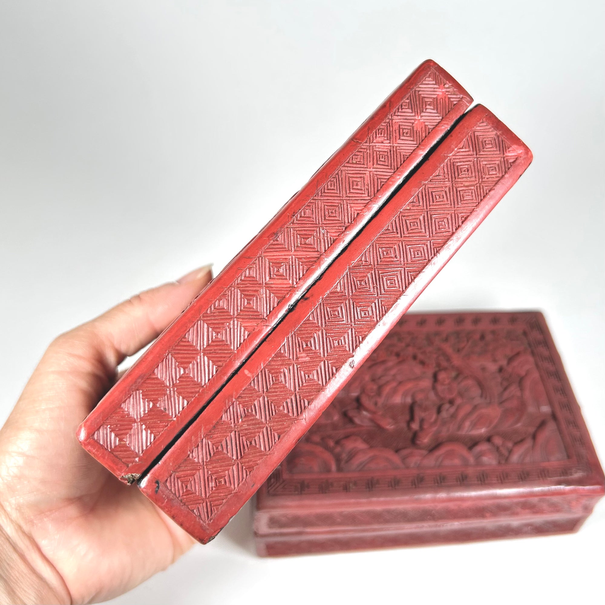Vintage Chinese Red Lacquer Box Set with Figures in Nature