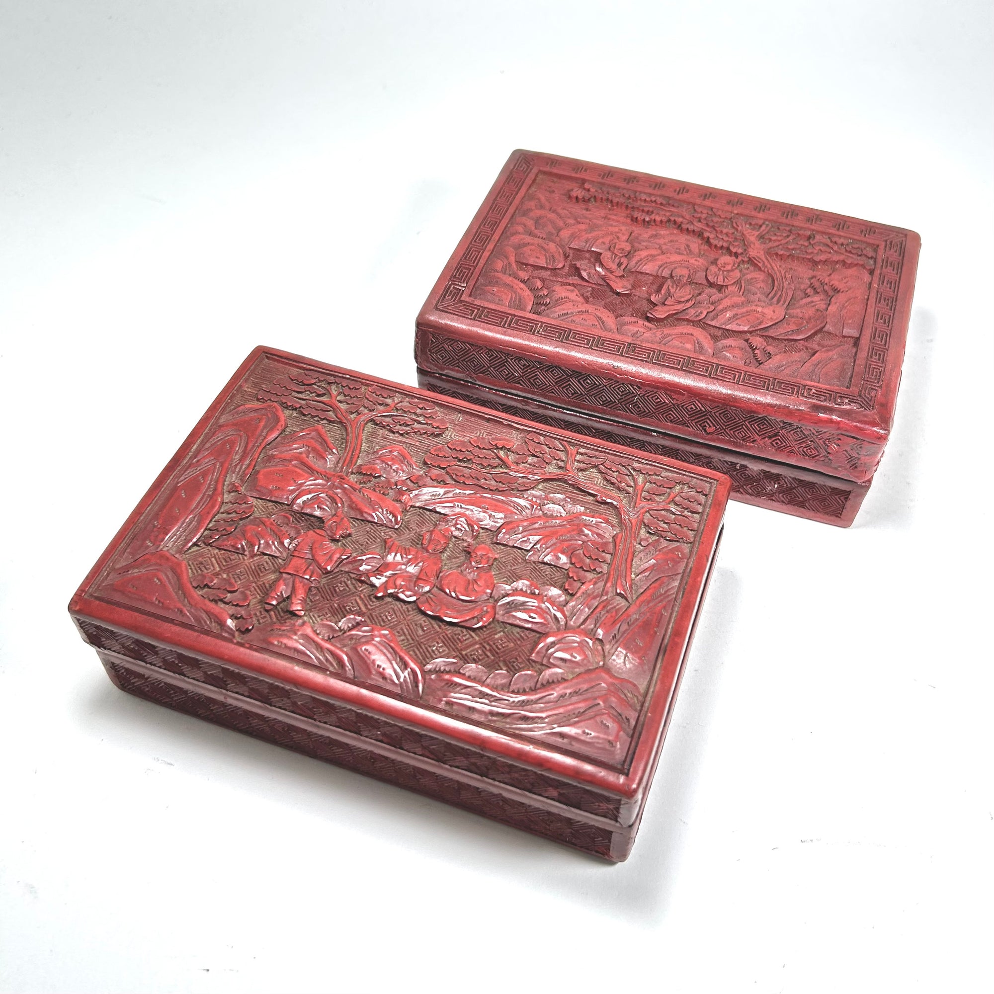 Vintage Chinese Red Lacquer Box Set with Figures in Nature