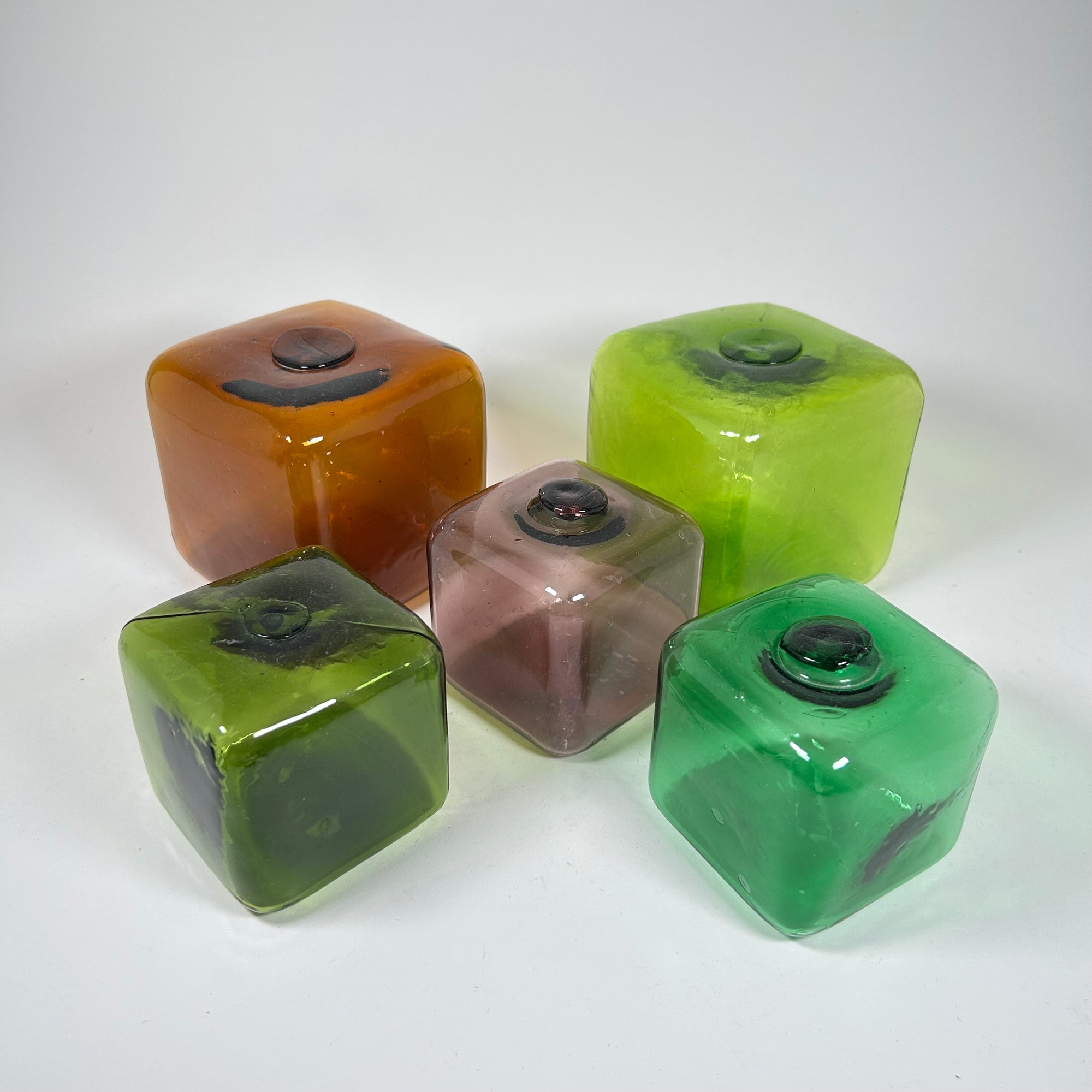 Vintage Japanese Square Glass Fishing Float Set - Greens and Browns