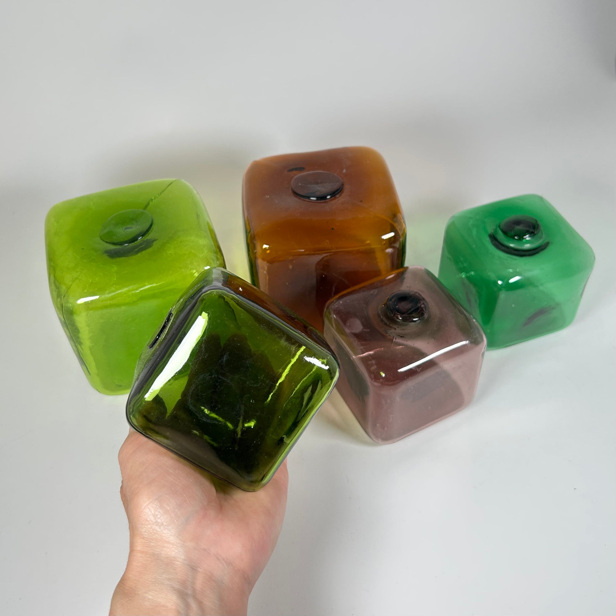 Vintage Japanese Square Glass Fishing Float Set - Greens and Browns