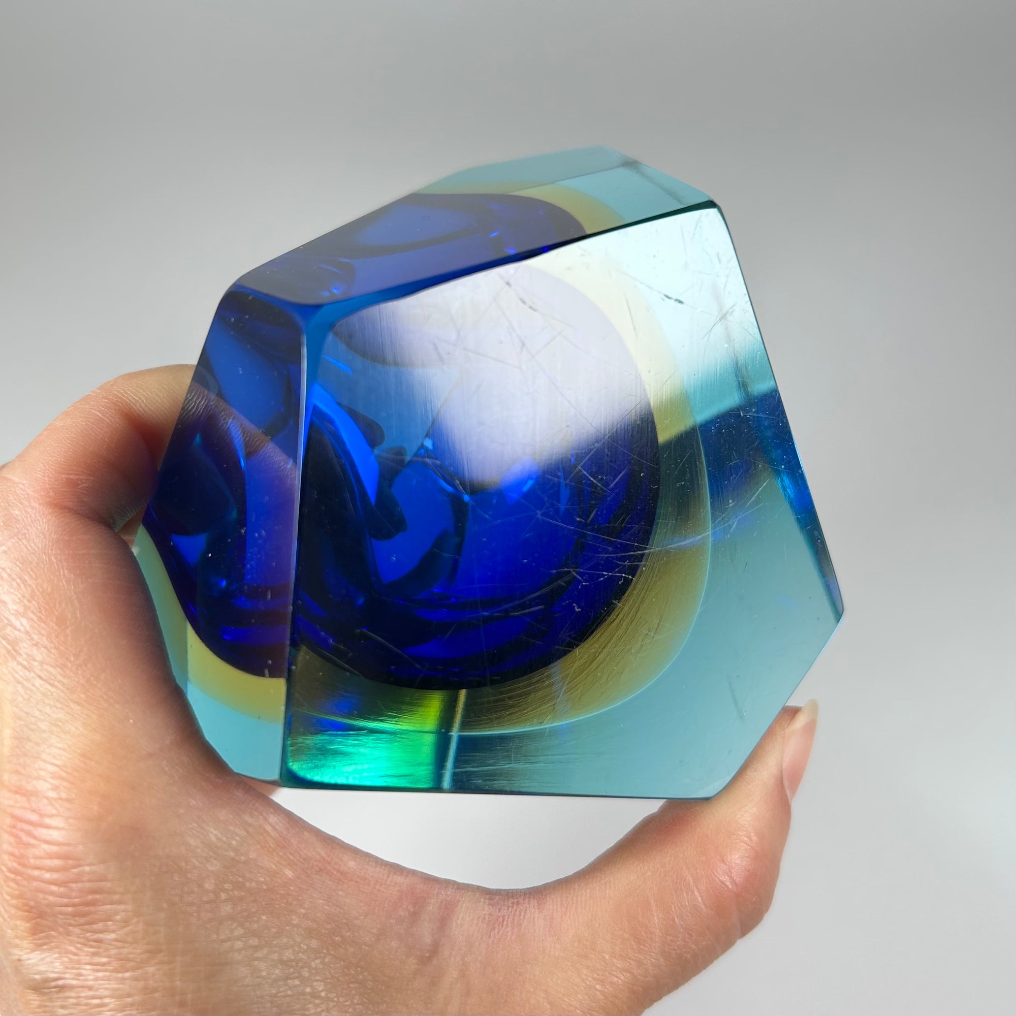 Vintage Sommerso Murano Faceted Glass Ashtray - Cobalt, Yellow, and Teal - Free Shipping