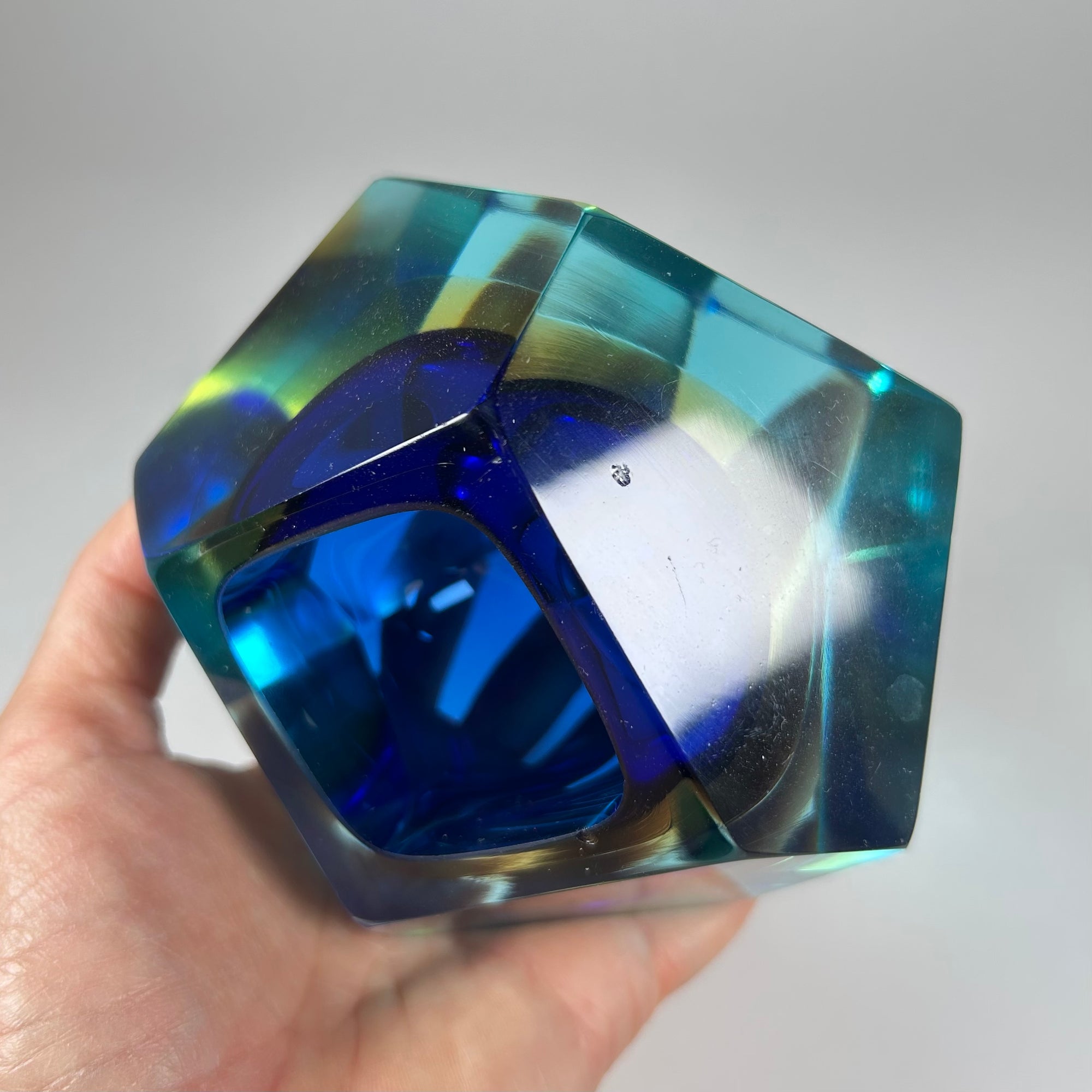 Vintage Sommerso Murano Faceted Glass Ashtray - Cobalt, Yellow, and Teal - Free Shipping
