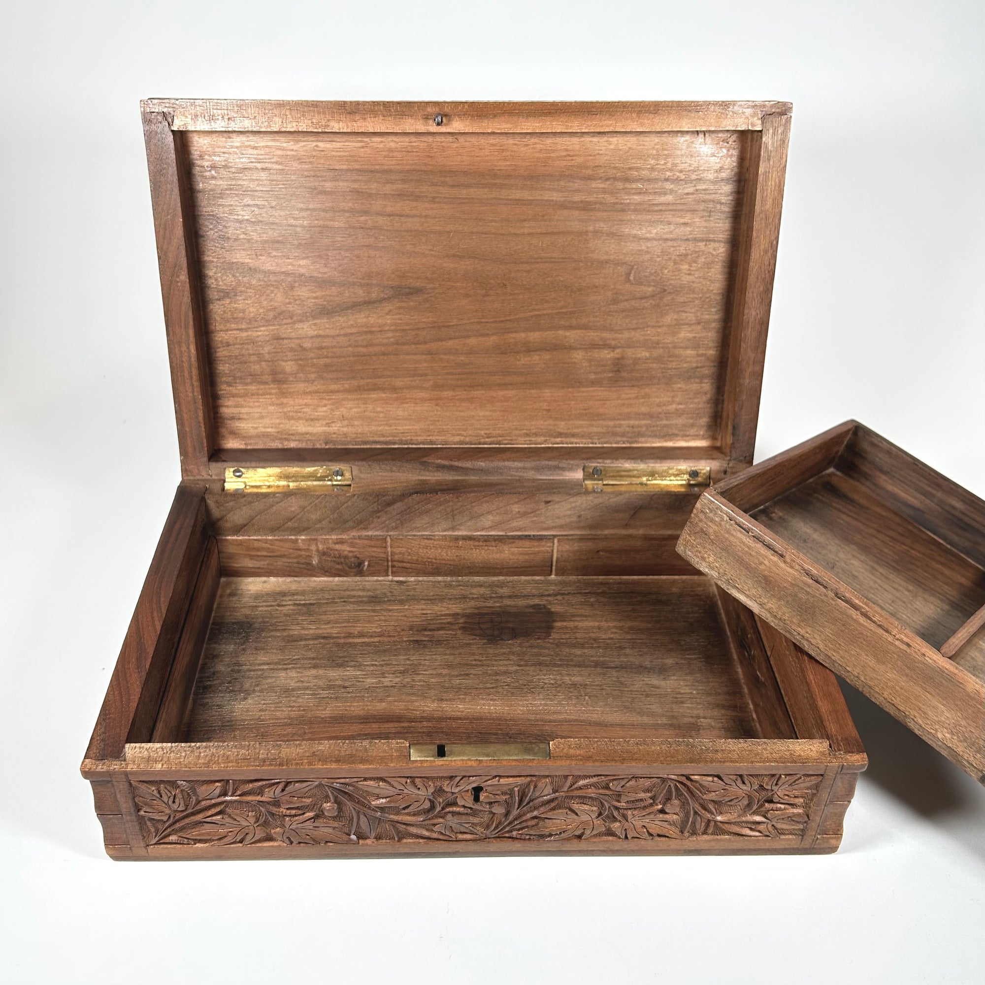 Kashmir Hand Carved Walnut Desktop Box with Chinar Leaf Decorations