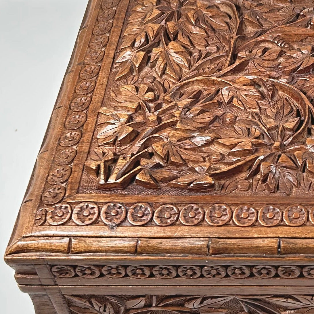 Kashmir Hand Carved Walnut Desktop Box with Chinar Leaf Decorations